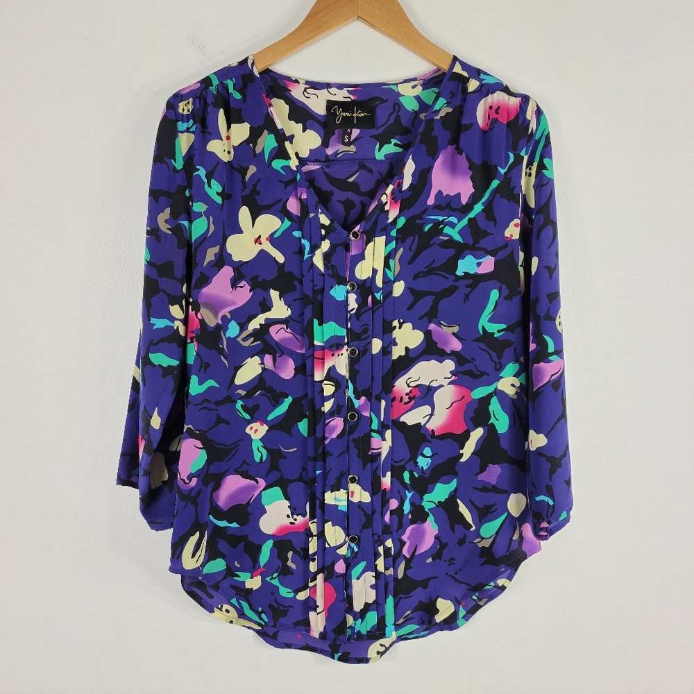 Yumi Kim Silk Floral Pleated Button Down Blouse
